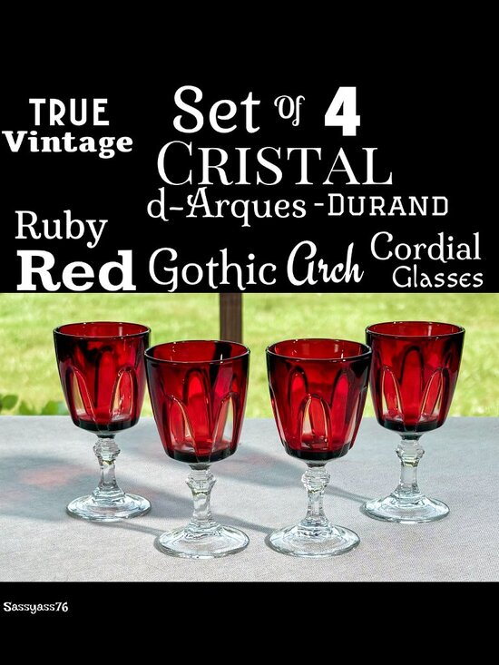Vintage Other - 🆕VTG▪️CRISTAL d-ARQUES-DURAND▪️Set of 4 Ruby Red Gothic Arch Cordial Glasses